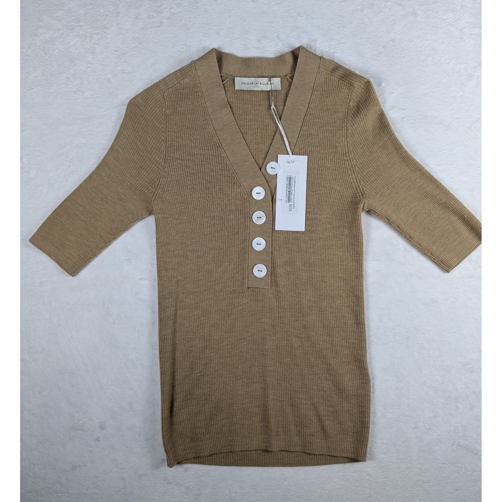 NWT $229 UN JOUR AILLEURS Paris Camel Ribbed Knit Silk/Cashmere Blend Button Top
